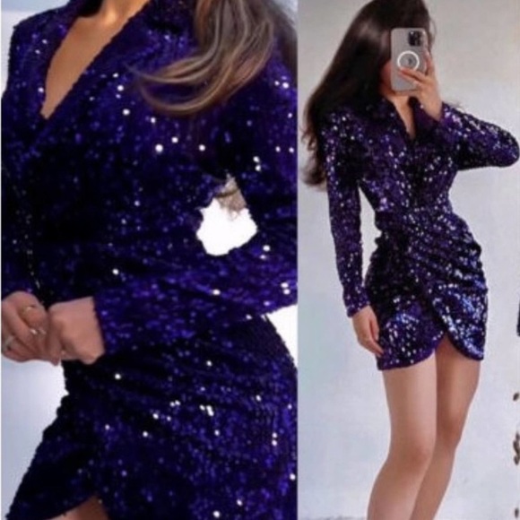 Zara Purple Sequins Brazer Faux Wrap Mini Dress Size Small NEW Bloggers Fave - Picture 4 of 6